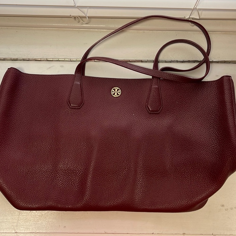 Authentic Tory Burch Large Tote Burgundy Wine with Gold Hardware